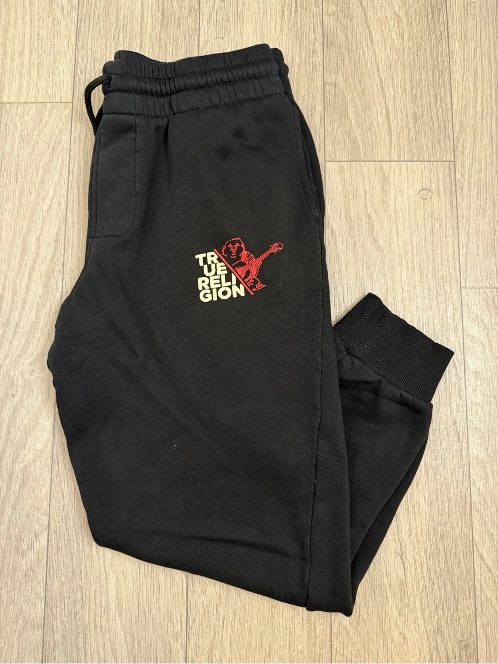 True Religion Black Logo Jogger Sweatpants Men’s S Drawstring Red Logo